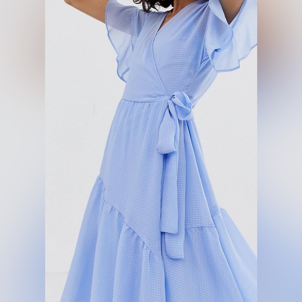 SOLD Vero Moda Asos light blue midi wrap dress with asymmetrical hem